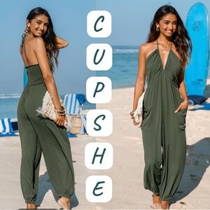 NWOT Cupshe Army Green Halter Top Open- Back Jumpsuit Size Small